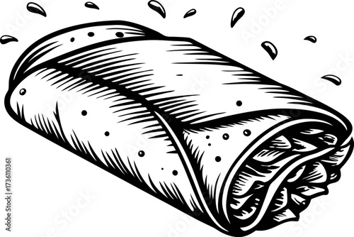 Hand drawn sketch of a classic wrapped burrito with detailed texture and filling isolated on white background