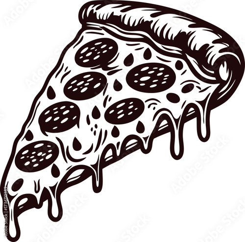 Melting pepperoni pizza slice with cheese dripping hand drawn monochrome fast food illustration