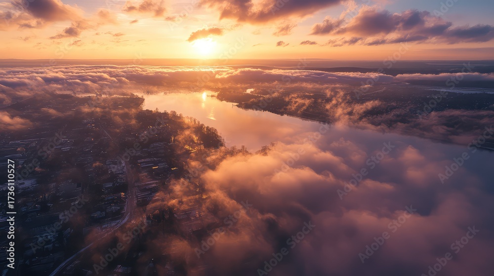 Obraz premium Sunrise reflecting on river with fog covering landscape