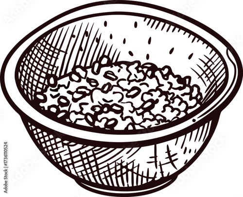 Hand drawn bowl filled with oatmeal porridge in vintage engraved line art illustration