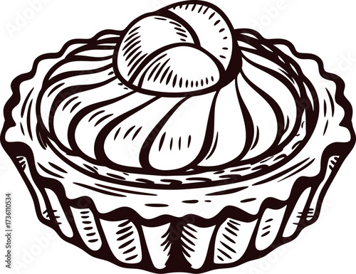 Hand drawn tart pastry with whipped cream and fruit vintage dessert sketch illustration