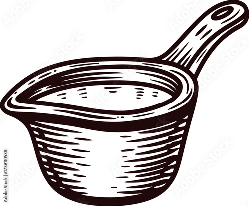 Hand drawn illustration of vintage wooden saucepan with handle isolated on white background