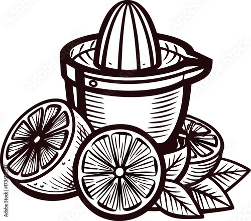 Hand drawn citrus juicer with sliced lemons and leaves vintage retro kitchen utensil illustration