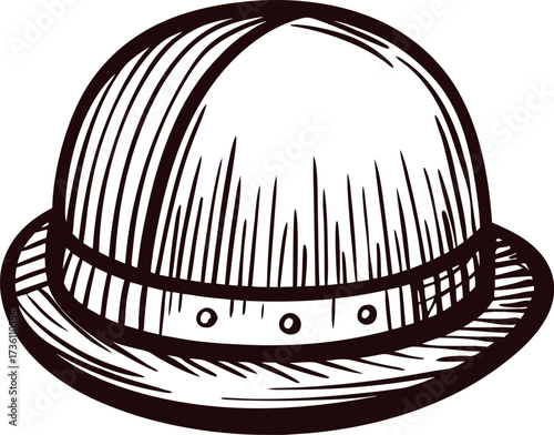 Vintage hand drawn sketch of classic hard hat with brim and rivet detail isolated on white background