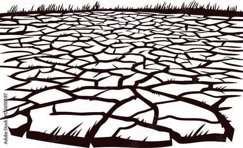 Cracked dry earth surface illustration with parched ground texture and sparse grass border
