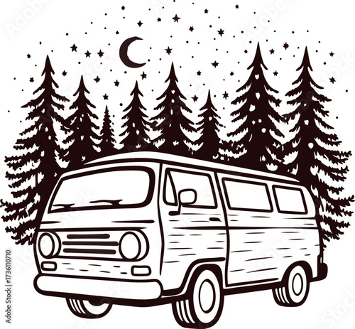 Retro camper van in forest with crescent moon and stars vintage hand drawn illustration with evergreen trees