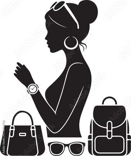 Silhouette of a woman with accessories including handbags sunglasses and a backpack