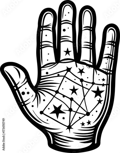 Palmistry hand with cosmic constellation stars, mystical fortune telling illustration, black and white vintage engraving