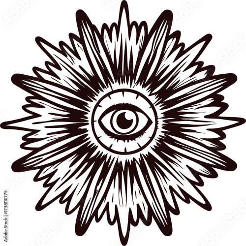 Hand drawn all seeing eye in radiant sunburst engraved mystical symbol with detailed lines and symmetrical rays