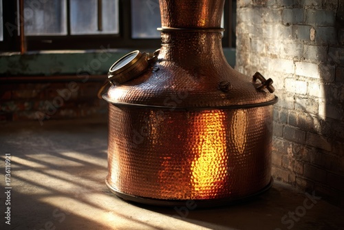 Vintage Copper Still in Sunlight Inside an Industrial Distillery Setting