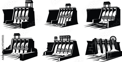 Hydroelectric dam vector set, water energy, turbine power station, renewable electricity, hydro power generation icon