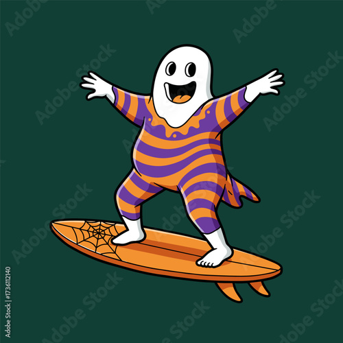 Cartoon ghost surfing on orange board, wearing purple-orange striped outfit with spiderweb design, smiling joyfully.