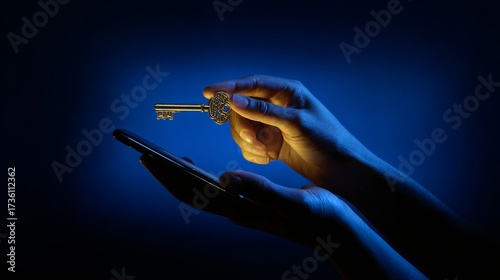 Golden Key Held Above Smartphone in Mysterious Blue Light Depiction of Technology