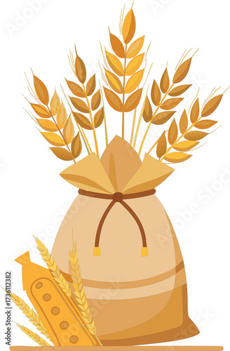 Illustration of a burlap sack filled with golden wheat stalks and grains