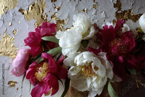 A close-up bouquet of vibrant pink, white, and deep red peonies, set against a textured backdrop of white stucco with gold leaf accents, showcasing the exquisite detail and rich colors of the...