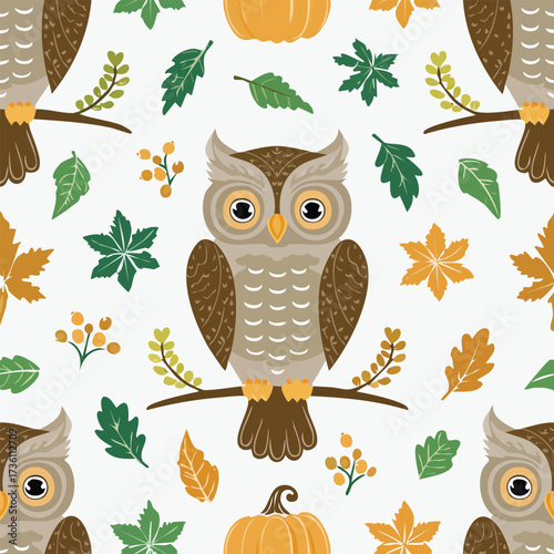 Seamless pattern with owl, pumpkin and autumn leaves