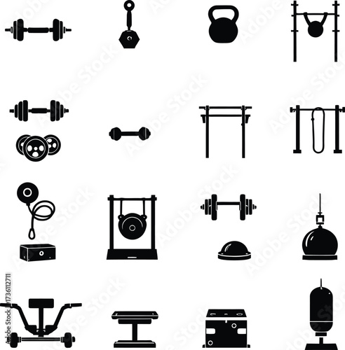 Gym Equipment Icon Set Vector Featuring Dumbbells, Barbells, Kettlebells, Punching Bag, and Machines in Line Art Style
