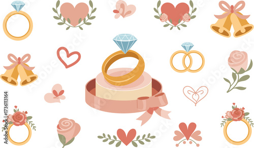 Wedding Rings, Cake & Love Elements Pack vector on white background