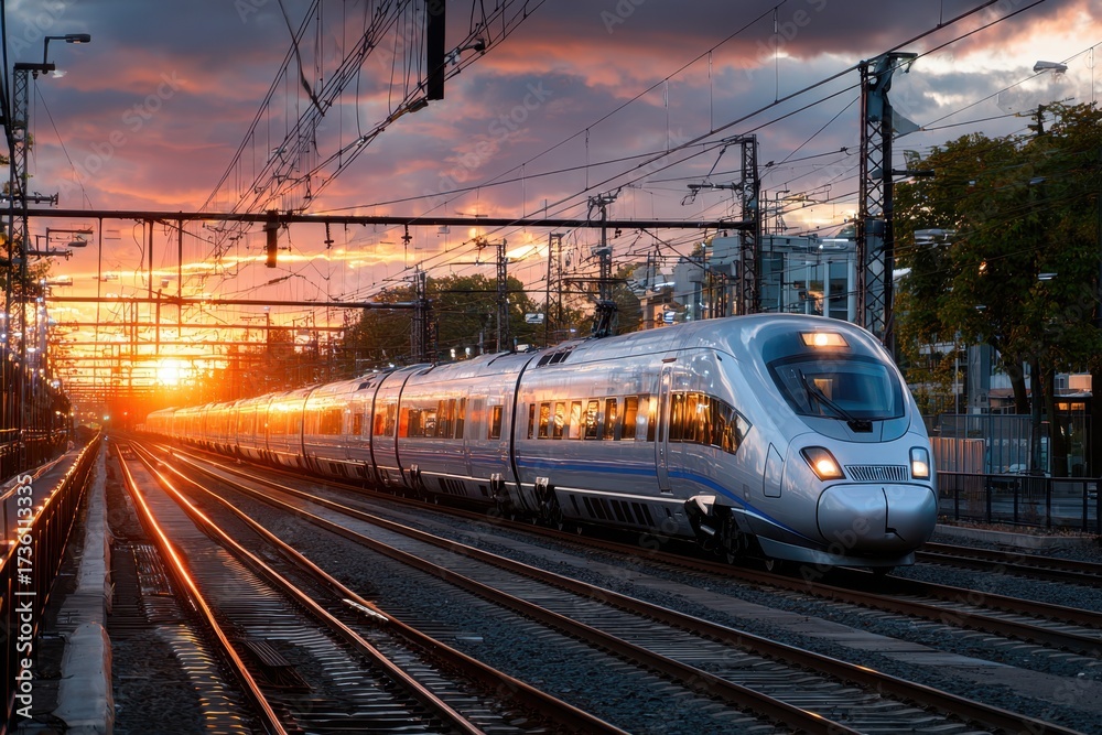Fototapeta premium High Speed Train at Sunset in City