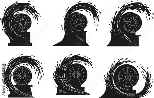 Hydropower water turbine silhouettes, renewable wave energy, hydroelectric power generation, green electricity technology, sustainable energy illustration