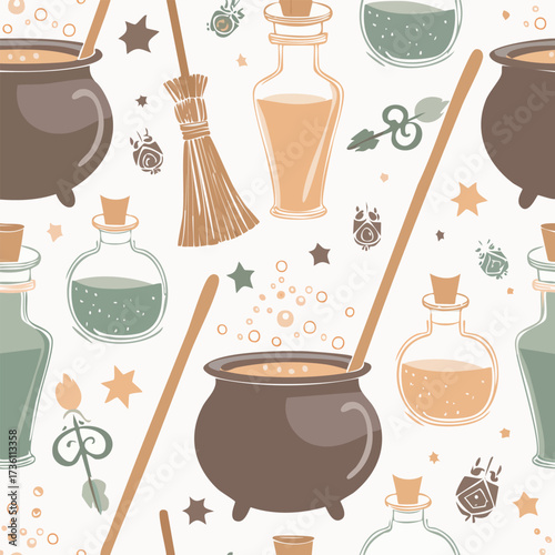 Seamless pattern of witchs cauldron and potion bottles