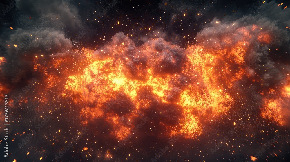 Fototapeta premium Explosive fire burning with smoke and flying sparks