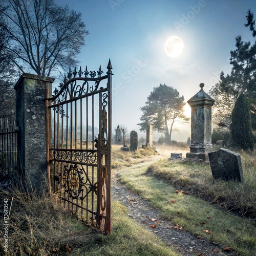 Eerie graveyard scene with full moon rising over tombstones, inviting peaceful contemplation and reflection on life's journey beyond the gate
