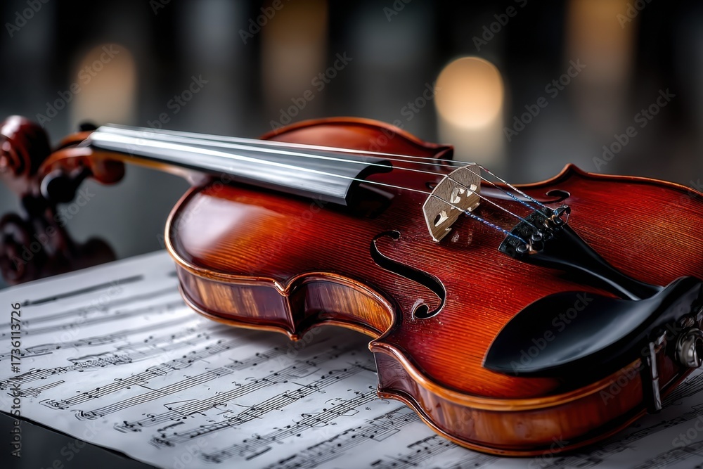 Fototapeta premium Violin on Sheet Music with Soft Lighting