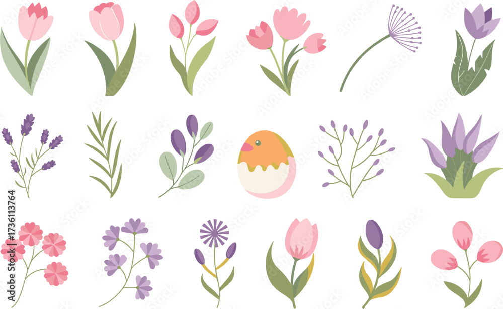 Fototapeta premium Spring Flowers & Nature Elements Pack vector on white background