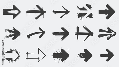 Collection of 15 diverse grunge style arrows pointing right direction for design and navigation
