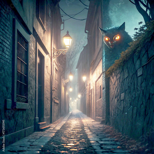 Eerie cat with glowing eyes peeks over wall in mysterious, foggy alleyway at night, perfect for Halloween themes or spooky urban fantasy stories