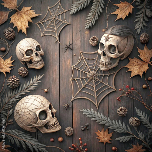 Spooky Halloween vibes with skulls, spiderwebs, and autumn leaves create a vintage-inspired backdrop for your eerie seasonal designs and creative projects