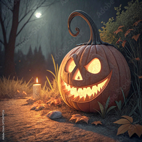 Spooky carved pumpkin glowing eerily on a dark Halloween night, perfect for seasonal greetings, invitations, or themed decorations with a festive vibe