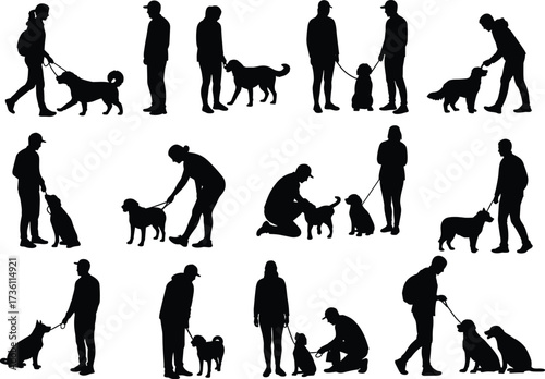 Dog walking silhouettes, people with dogs, training pets, leash walk vector, owner and puppy, outdoor activity, friendship, pet care, obedience illustration