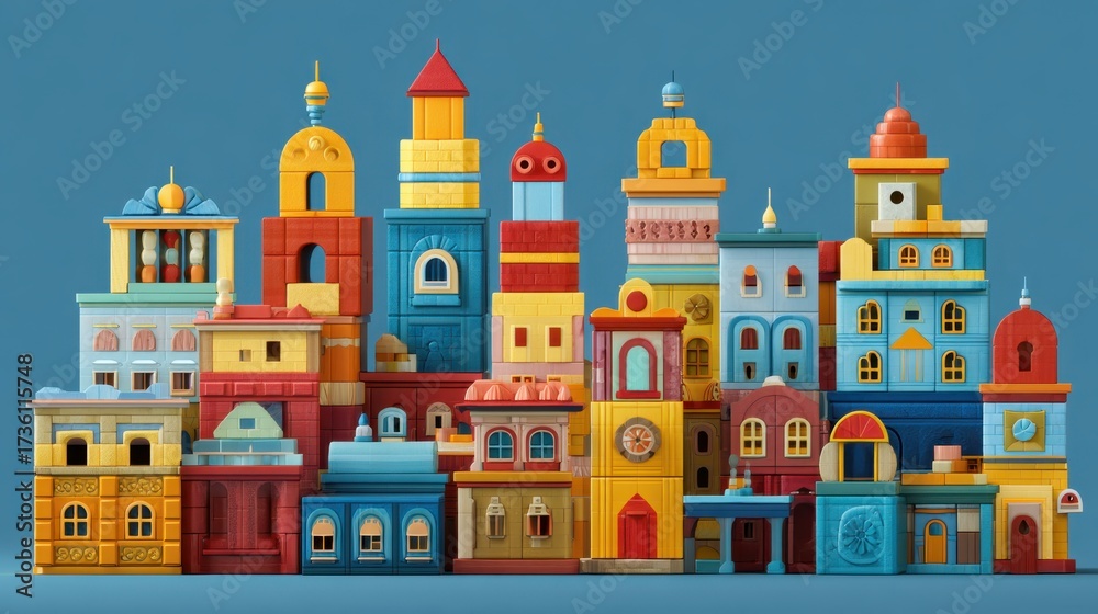 Naklejka premium Colorful Toy Buildings Arrangement in Vibrant Shapes and Designs for Creative Play