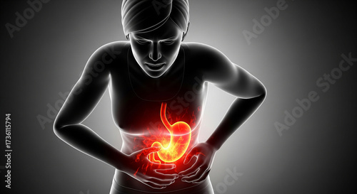 3D medical illustration of a woman suffering from severe stomach pain, with a glowing red stomach highlighting an ulcer, gastritis, or indigestion on a dark background.