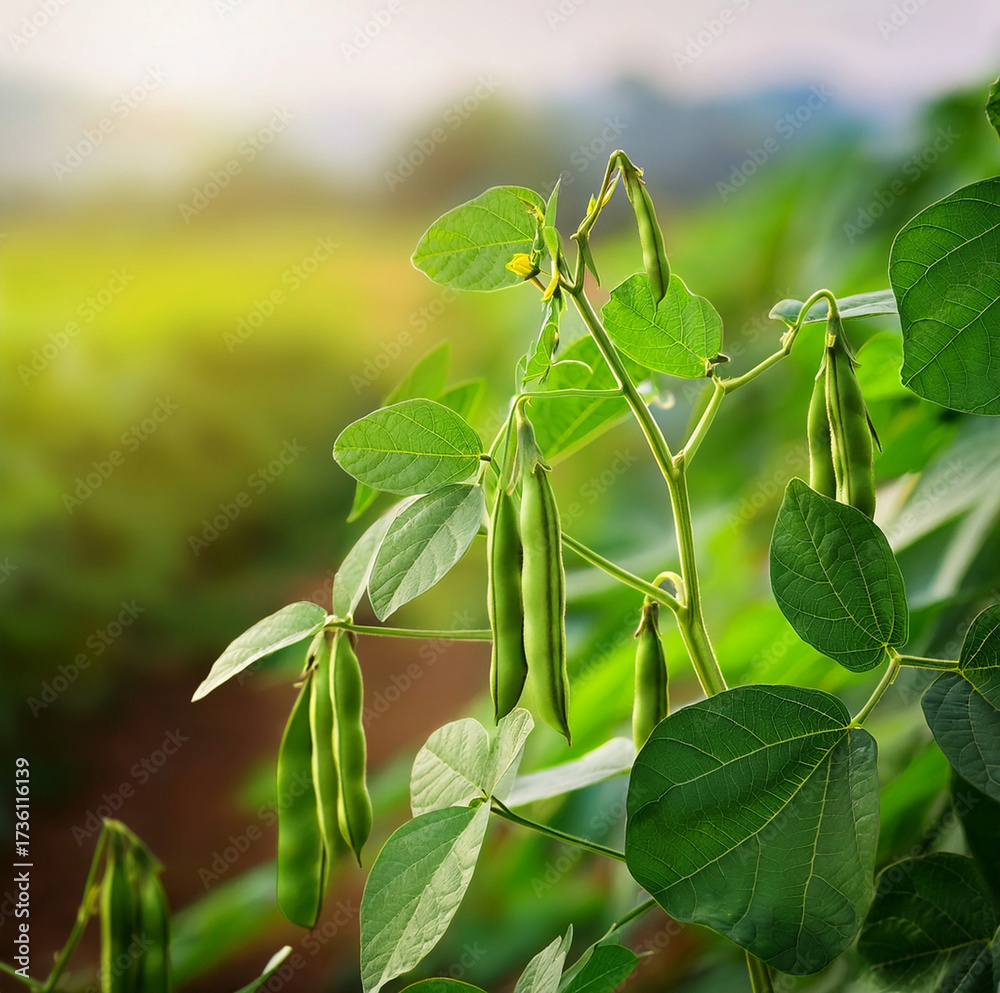 Fototapeta premium Fresh mung bean (Vigna radiata) plant with green pods and vibrant leaves growing in a field under sunlight, showcasing healthy legume cultivation in natural agricultural environment.