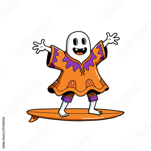 Cartoon ghost surfing on an orange board, wearing a colorful poncho and purple pants, smiling with raised arms.