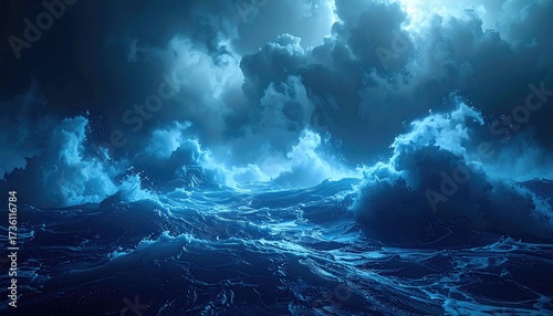 Moody seascape depicts a stormy ocean under a dramatic, cloudy sky
