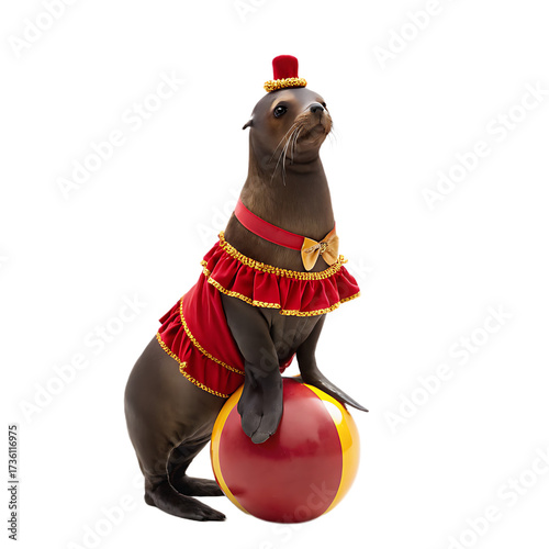 A circus seal balancing on a red and yellow ball wearing a red outfit with a small red hat on its head