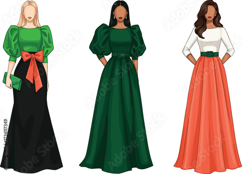Elegant long dress fashion illustration, puff sleeve gown vector, stylish evening outfits, formal wear design, holiday dresses for women, luxury clothing