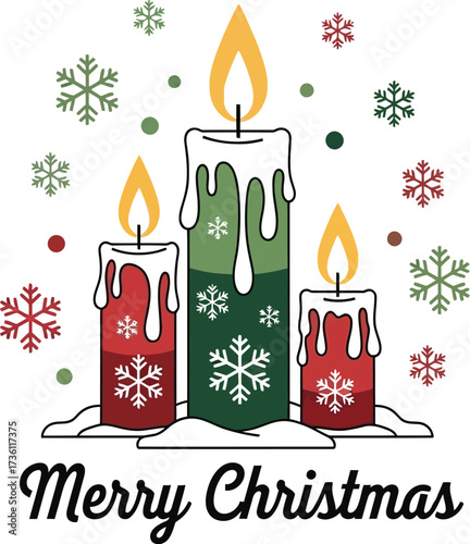 Festive christmas candles with snowflakes and merry christmas