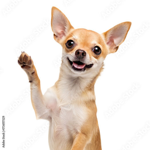 A tan chihuahua waving its paw with a happy expression against a black background in a studio shot
