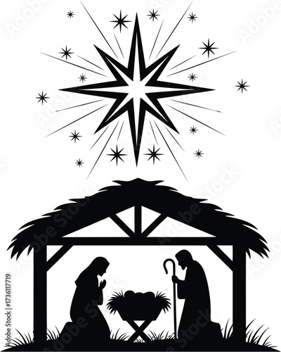 Nativity scene silhouette with star of Bethlehem above it