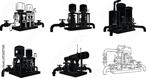 Industrial water booster pump system, mechanical piping equipment, plumbing station, pressure system, fluid control valves