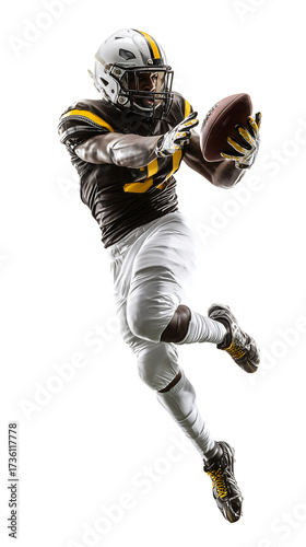 American Football Player Leaping Mid-Air to Catch Ball Isolated on Transparent Background