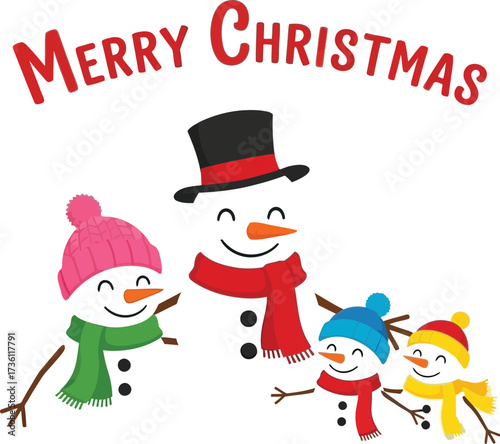 Cheerful snowman family wishes merry christmas in winter snow