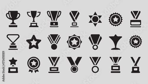 Collection of various trophy and medal icons symbolizing achievement awards and recognition for sports and competition
