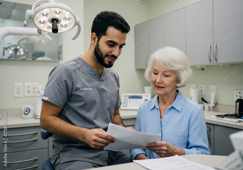 Obraz premium Dentist Discussing Medical Records with Senior Patient