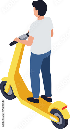 Isometric Modern Man Riding Yellow Electric Scooter Transportation Illustration